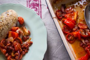 finished chicken and chorizo tray bake