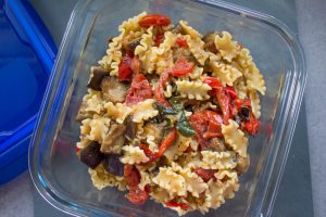 Leftover roast vegetable pasta in Pyrex