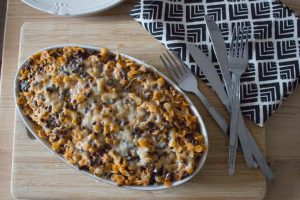 Creamy Lentil Pasta Bake with cheese topping