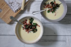 Kale and Smoked Bacon Soup - topped with crispy kale